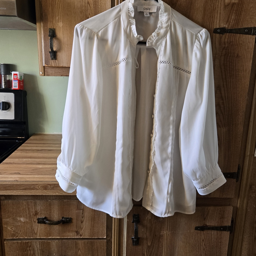 CeCe White Ruffled Button-Down Blouse